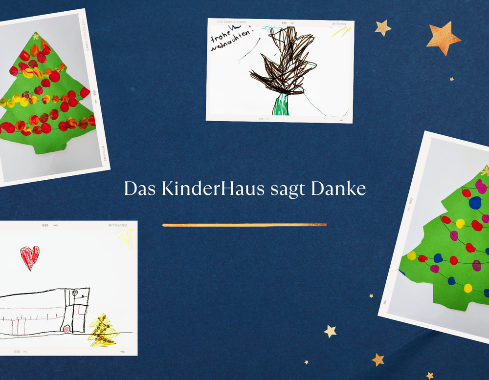 Von Kindern gemalte und gebastelte Bilder mit Weihnachtsmotiven sind zu einer Collage zusammengestellt.